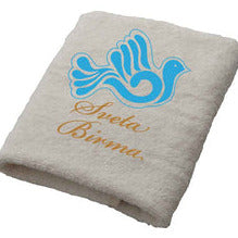 Brisača za birmo, bela, vezenje modra golobica 100x50 cm, 100% bombaž