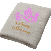 Brisača za birmo, bela, vezenje roza golobica, 100x50 cm, 100% bombaž