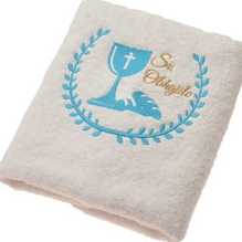 Brisača ob svetem obhajilu, bela, modro vezenje, 100x50cm, 100% bombaž